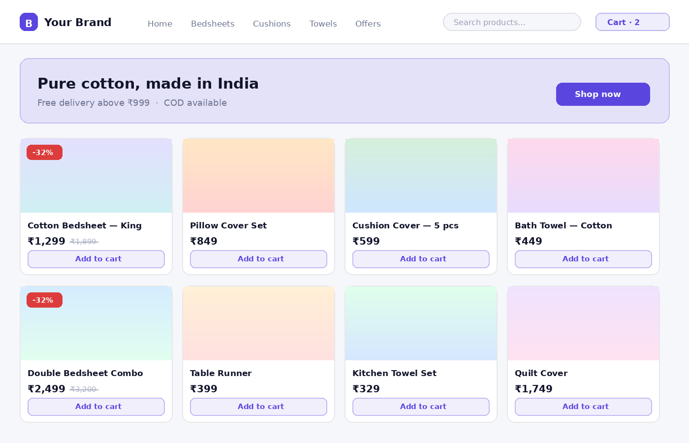 Online shop showing products with prices and add to cart buttons